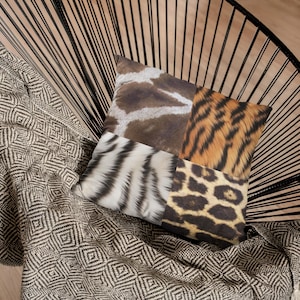 Safari Patchwork Throw Pillow, Eclectic Animal Print Cushion, Faux Linen Accent Pillow