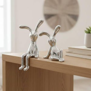 Small Rabbit Statue Decor for Desk & Shelf, Silver Bunny Figurines Set of 2,