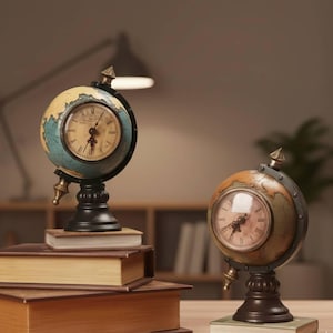 Vintage Globe Desk Clock Antique Style Table Decor Retro World Clock Office Shelf Decoration