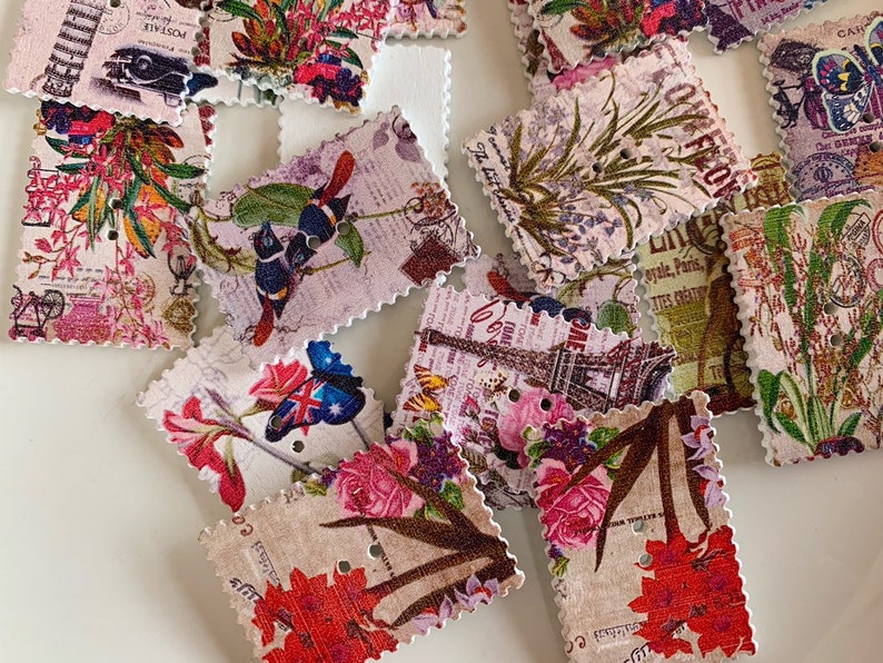 DIY Stamp Wooden Buttons Flowers Butterflies bird Tower Sewing Scrapbooking 40mm 