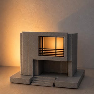 Peut inclure: Une maquette architecturale en béton gris représentant un bâtiment avec une structure rectangulaire, un balcon en retrait, des garde-corps horizontaux noirs et une lumière jaune chaude émanant de l'intérieur, posée sur une base rectangulaire.