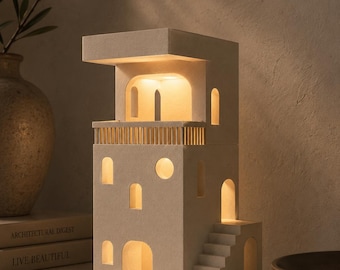 Architecturale sfeerlamp | Minimalistische boekenhoekverlichting | 3D-geprint ivoor PLA USB-decor