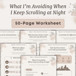 Könnte beinhalten: Ein 50-seitiges Arbeitsblatt mit dem Titel "What I'm Avoiding When I Keep Scrolling at Night". Die Seiten enthalten Text und Grafiken, darunter Mond und Sterne. Das Arbeitsblatt befasst sich mit Themen wie Ablenkung und emotionalem Wohlbefinden.