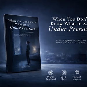Könnte beinhalten: Ein Buchcover mit dem Titel "When You Don't Know What to Say Under Pressure" und einer Person, die aus einem Fenster schaut. Das Cover enthält auch den Text "A Gentle System to Stay Clear When You're Put on the Spot." Symbole für digitalen Download, nur E-Book und sofortigen Zugriff.