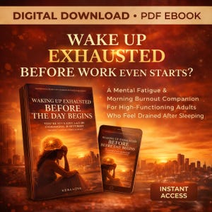 May include: Digital download PDF ebook titled "Waking Up Exhausted Before The Day Begins." The cover features a woman with a glowing aura. A smartphone displays the book's cover. Text reads "Wake Up Exhausted Before Work Even Starts?" and "Instant Access."