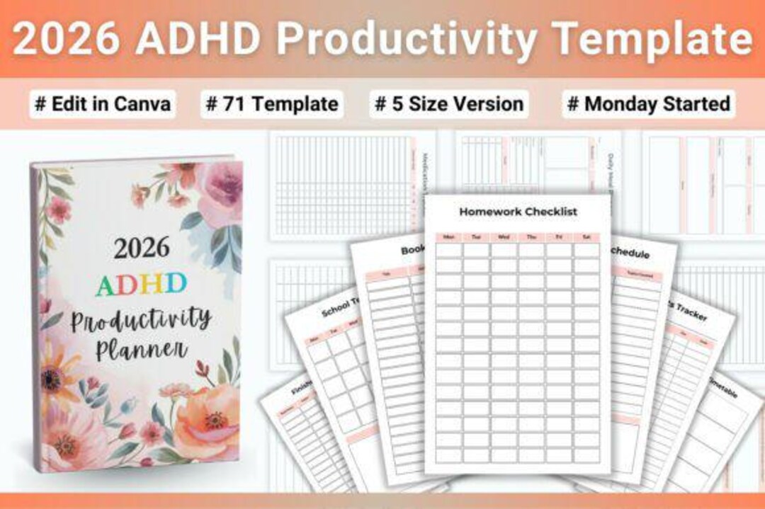 2026 ADHD Productivity Template | Editable Canva Planner ...