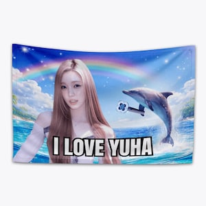 May include: A wall tapestry featuring a woman with long brown hair, a dolphin, and a rainbow over the ocean. The text "I LOVE YUHA" is displayed in a white font.