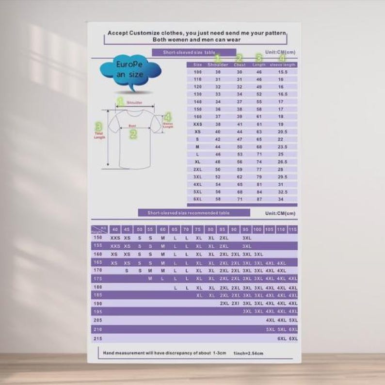 May include: A white chart with size tables for short-sleeved shirts. The chart includes measurements in centimeters, with a size guide and a recommended size table. Text on the chart reads, "Accept Customize clothes, you just need send me your pattern. Both women and men can wear."