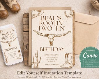 May include: A western-themed birthday invitation with the text "Beau's Rootin' Two-Tin' Birthday" and a longhorn skull illustration. The design includes a smartphone, cowboy boots, and a horseshoe. The invitation is 5x7 inches.
