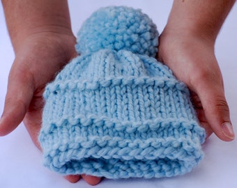 Blue NEWBORN Beanie, Hand Knit Baby Hat, Infants Cap, Grandparent Baby Gender Reveal Hat, Baby Boys or Girls Shower Gift, Winter Gear Baby