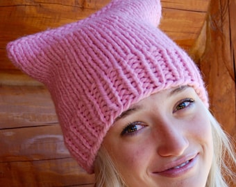 PUSSY HAT PROJECT, Pink Beanie or Hat for Teen, Women's March Washington, Hand Knit Pink Wool Acrylic Yarn Kitty Cat Hat, Women's Solidarity