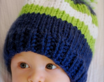 Seattle SEAHAWKS Kids Beanie, Navy Blue Green & White, 12th Man Hat - For Baby, Toddler, Child or Adult, Pom Pom Optional, Christmas Gift