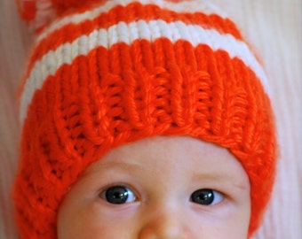 Sunny Orange & White Beanie  - Max's Mini Baby Beanie Hat  - Super Cozy  Warm for Baby Toddler or Kids - Topped with a Big Happy Pom Pom