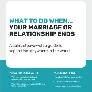 Op de afbeelding: Een turquoise en witte afbeelding met de tekst "WHAT TO DO WHEN... YOUR MARRIAGE OR RELATIONSHIP ENDS." Het is een gids voor scheiding, met opsommingstekens die aangeven voor wie het is en wat het niet is.