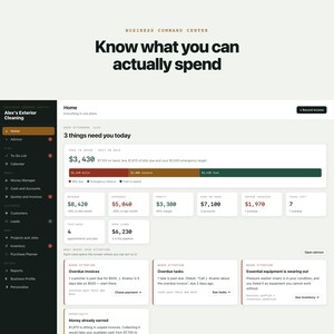 May include: A digital business dashboard interface titled Business Command Center for Alex's Exterior Cleaning. It displays financial metrics, including a free to spend amount of $3,430, revenue, expenses, profit, cash on hand, and overdue tasks.