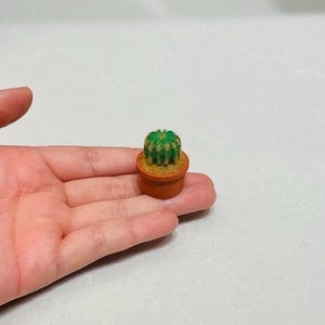 May include: A miniature green cactus with yellow spines planted in a small, round, terracotta-coloured pot. The cactus has a ribbed, spherical shape and sits atop a textured, light brown soil-like base within the compact, cylindrical container.