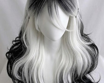 Lång Vågig Svartvit Ombre Peruk med Lugg Syntetiskt Värmebeständigt Hår Dagligen Fest Cosplay Peruker för Kvinnor Naturligt Look Lockigt Tvåfärgat Hår