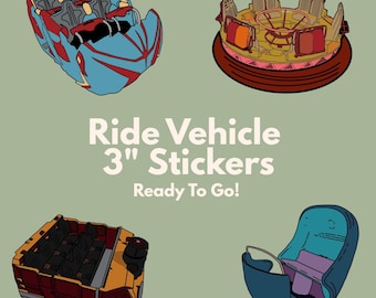 Theme Park Ride Vehicle Stickers, Hand Drawn Attraction Art, Roller Coaster & Dark Ride Gift, 3 Inch Sticker