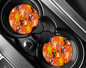 Retro Monster Car Coasters Set of 2, Spooky Halloween Cup Holder Inserts, Orange Horror Car Accessories, Cute Creature Gift