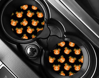 Cute Pumpkin Car Coasters Set of 2, Halloween Cup Holder Inserts, Black and Orange Fall Car Accessories, Theme Park Lover Gift