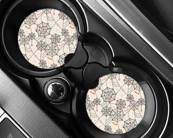 Spooky Spiderweb Car Coasters Set of 2, Halloween Car Accessories, Cute Theme Park Gift, Bat Cup Holder Inserts