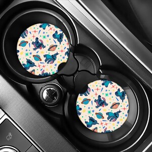 Blue Alien Car Coaster Set | Cartoon Space Planets, Stars Cup Holder Inserts