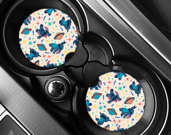 Blue Alien Car Coaster Set | Cartoon Space Planets, Stars Cup Holder Inserts