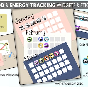 May include: Digital mood and energy tracking widgets and stickers. The image shows customizable text, colors, and text box styles. Includes daily adjustable dashboards, monthly calendar grids, and adorable panda mood/energy stickers.