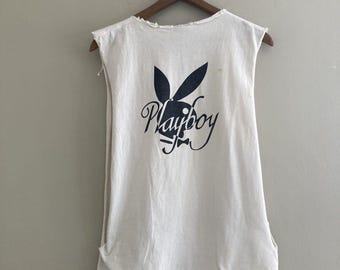 VTG 80s Playboy Single Stitch Cutoff Muscle Tshirt Thrashed Distressed Medium