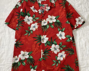 Vintage Rainbow Hawaiian Red Floral Button Up Shirt Men Medium Made in Hawaii