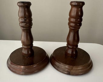 Vintage Pair Brown Wood Taper Candlestick Holders Rustic Cabin Decor Set of 2