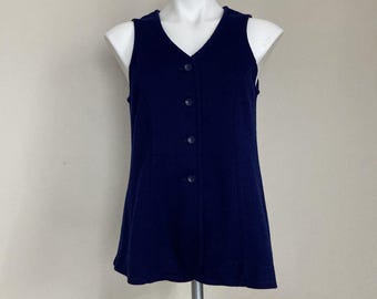 Vintage 70s Button Up Vest Navy Blue Women S Retro Academia Minimalist Preppy