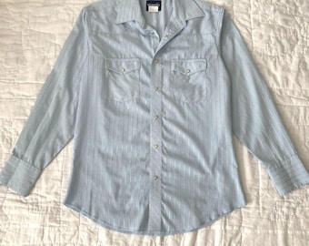 Vintage Wrangler Pearl Snap Western Shirt Light Blue Medium Country Americana