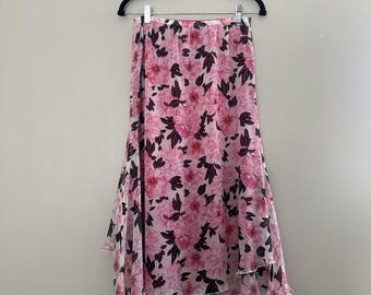 Vintage Y2K Fairy Pink Asymmetrical Floral Whimsical Chiffon Skirt Size Small 4