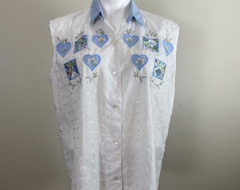 Vintage Eyelet Grandma Button Up Shirt White Embroidered Applique Cottage Size M