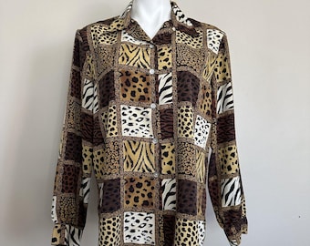 Vintage 80s Patchwork Animal Print Button-Up Shirt – XL Glam Rave Style