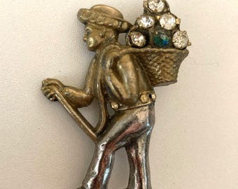 Vintage Louis C. Mark Rice Style Brooch - Walking Man With Basket of Rhinestones