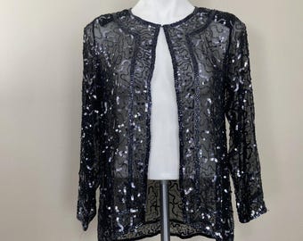 Vintage 100% Silk Beaded Sequin Jacket Going Out Evening Event Size XS - AS IS