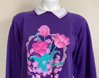 Vintage Morning Sun Purple Floral Sweatshirt Grannycore Size Large