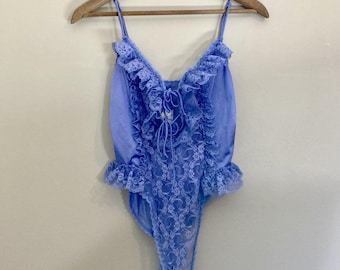 Vintage Lingere Delicates Lavender 80s Teddy Lacy Leotard Nightie Womens M