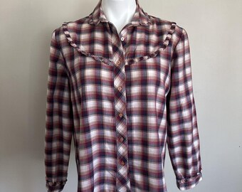 VTG 80s Western Cowgirl Country Americana Plaid Shirt Size Medium Long Sleeve