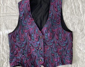 Vintage 90s Psychedelic Paisley Vest Waistcoat Size Medium Purple Rainbow Granny