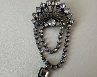 Vintage Sparkly Rhinestone Brooch Medal Silver Tone Art Deco MCM Style Pin