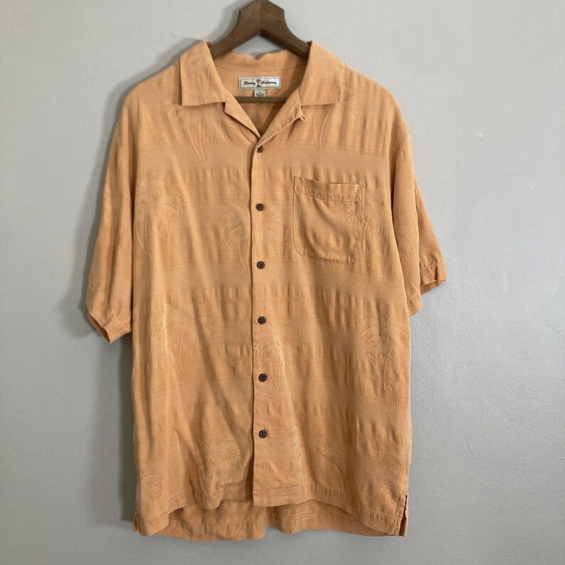 Tommy Bahama Orange 100% Silk Palm Leaf Hawaiian Button Up Shirt Mens Medium image 2