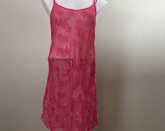 Vintage Lingerie Y2K Sheer Floral Bias Cut Slip Hot Pink Romantic Size Large