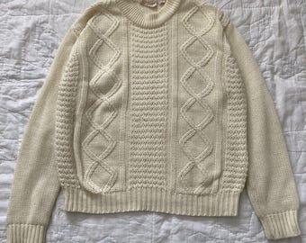 VTG Womens Cable Knit Fisherman Sweater White Womens Large Preppy Heritage