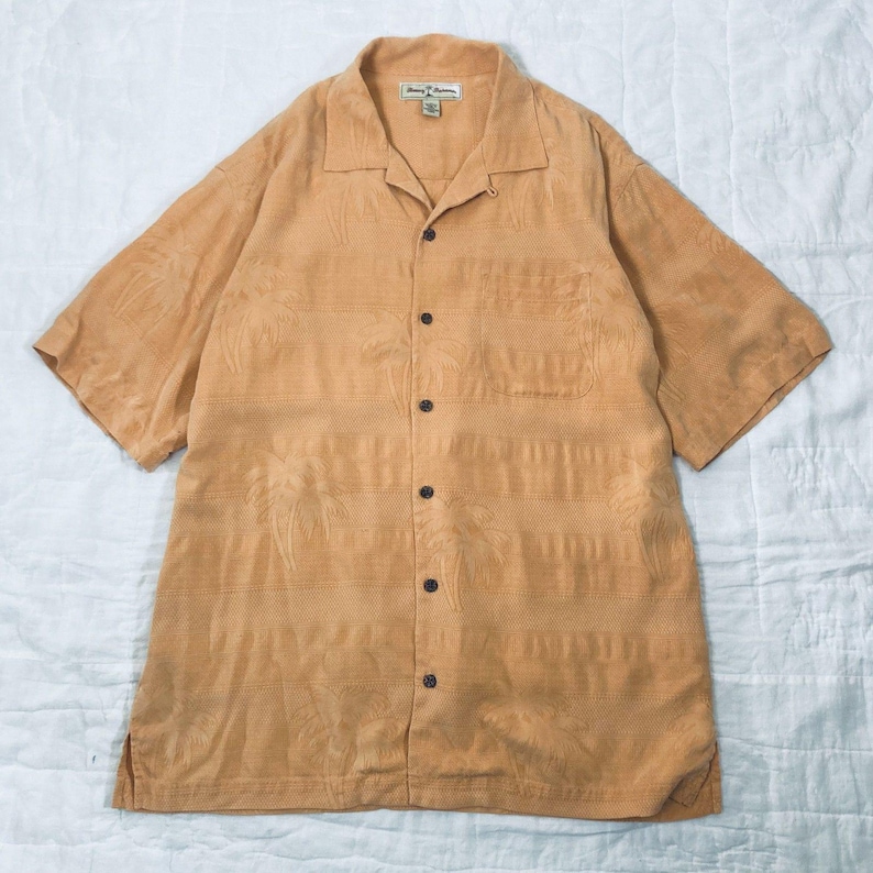 Tommy Bahama Orange 100% Silk Palm Leaf Hawaiian Button Up Shirt Mens Medium image 1