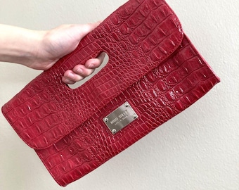 Vintage Glam Y2K Nine West Pink Crocodile Foldover Clutch Purse Evening Bag Prom