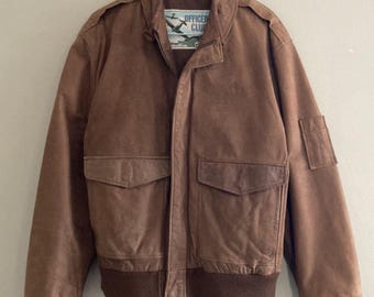 80s 90s Vintage Leather Bomber Flight Jacket Brown Officer's Club - Mens Medium