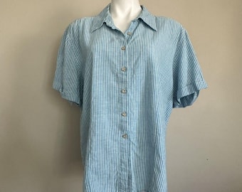 Vintage Linen Short Sleeve Shirt Womens XL Blue White Stripe Button Up Coastal